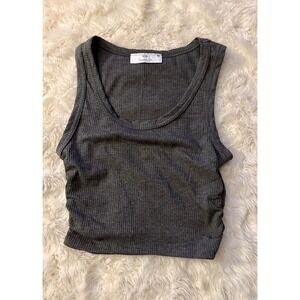 Twenty5A Tank Top Womens Small Grey Excellent Ribbed Ruched Side Scoop Neck